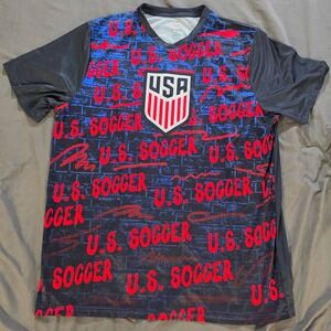US Soccer Jersey Mens XL Blue Red Brick Print Short Sleeve V-Neck Shirt